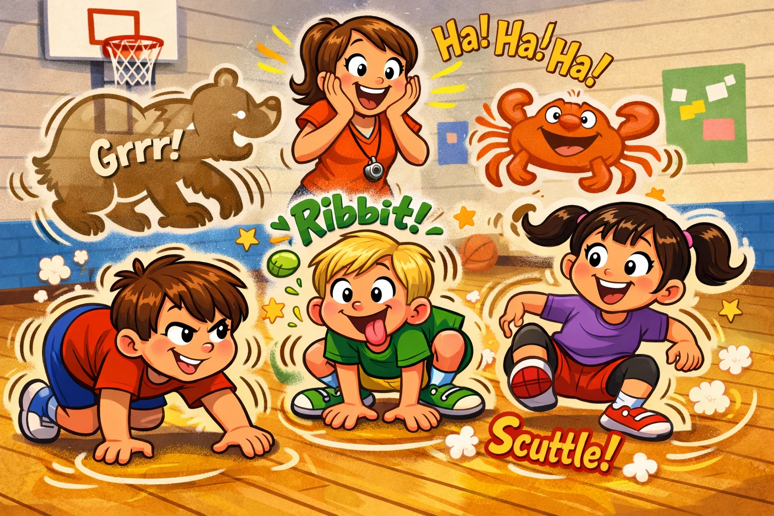 Animal movement warm ups for kids using playful actions like crawling and jumping.