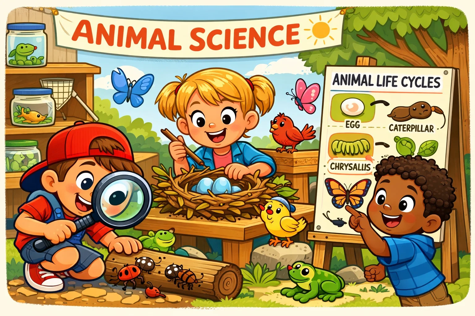 Animal stem science activities with kids exploring insects birds and nature.