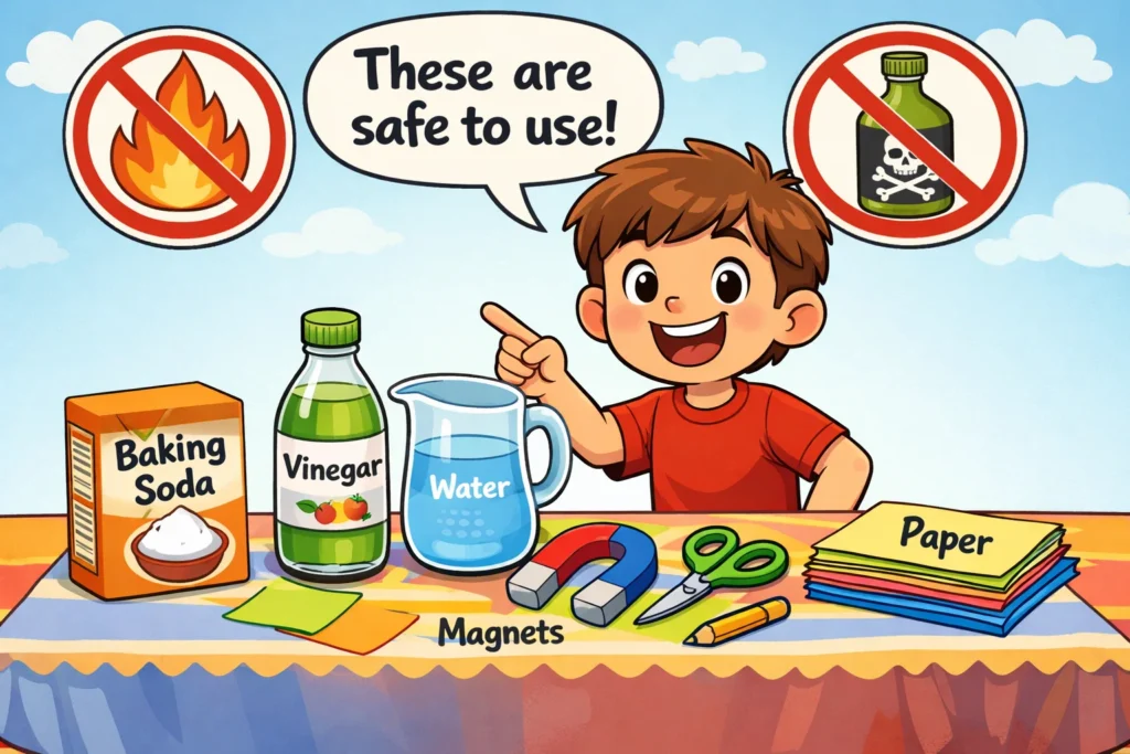 Approved materials kids experiments showing safe household items for science activities.
