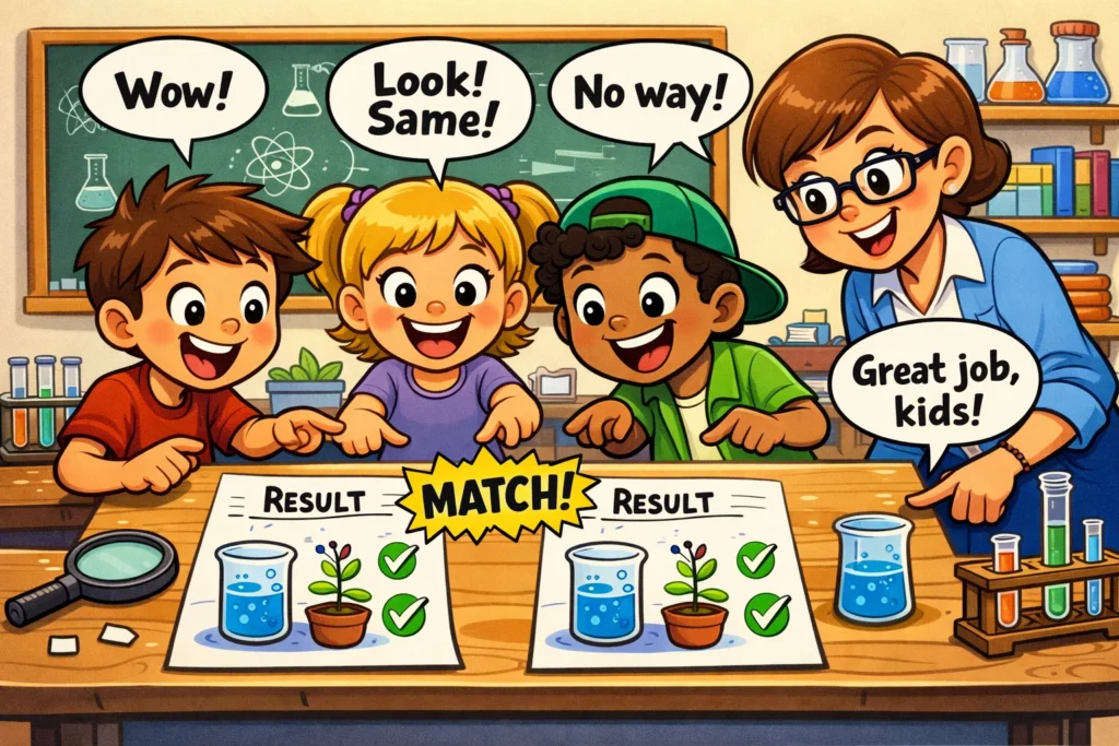 Children assess reliability in science projects by comparing repeatable experiment results.