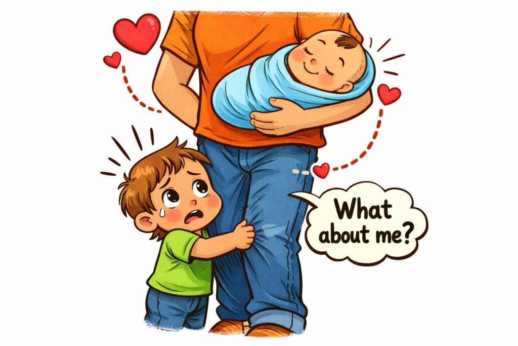 Attention connection after new baby arrival with toddler seeking parental focus.