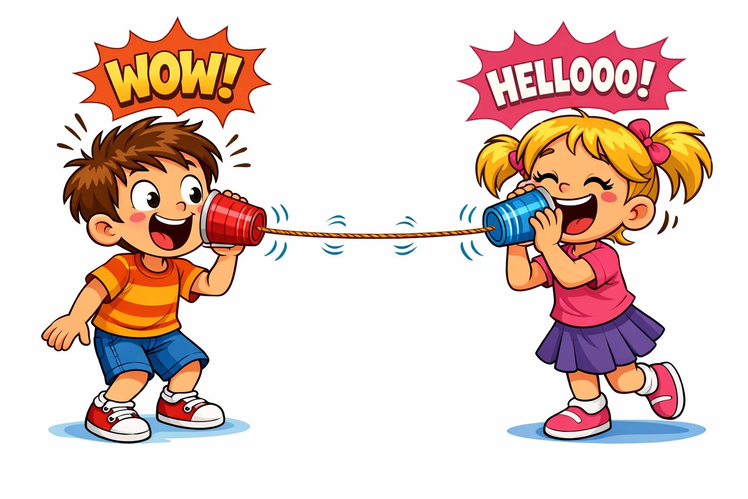 Cartoon of children using a string phone with a tight line and vibration symbols to show auditory discovery. Cartoon of children using a string phone with a tight line and vibration symbols to show auditory discovery.