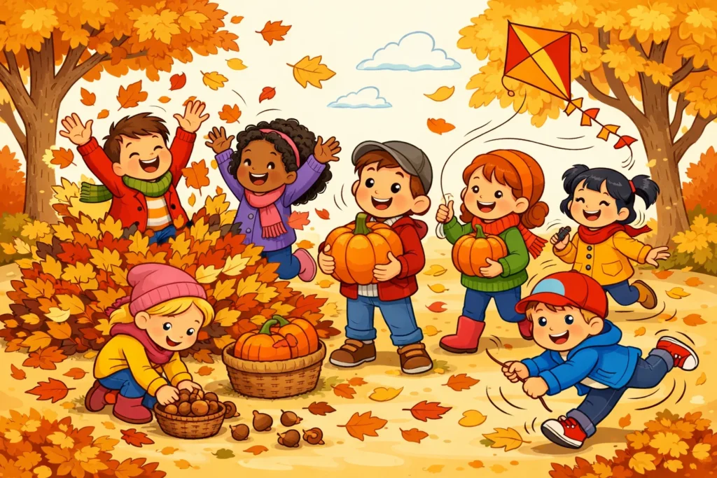 Autumn activities for kids enjoying outdoor play with leaves and pumpkins.