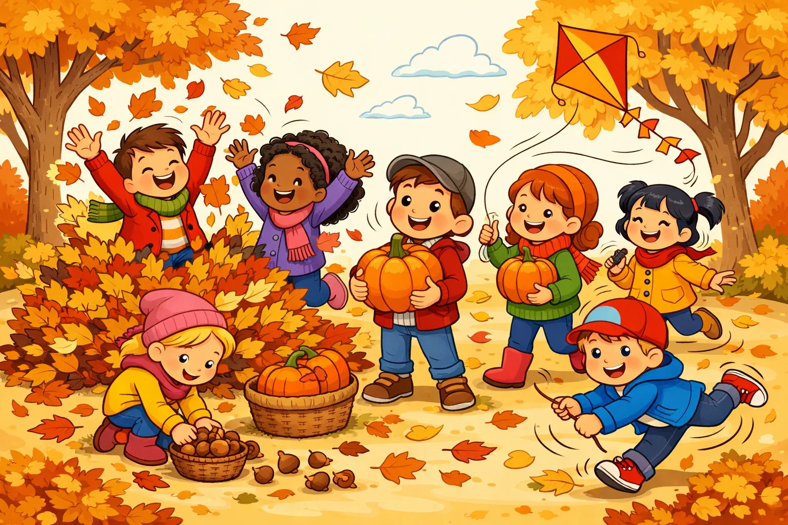 Autumn activities for kids enjoying outdoor play with leaves and pumpkins.