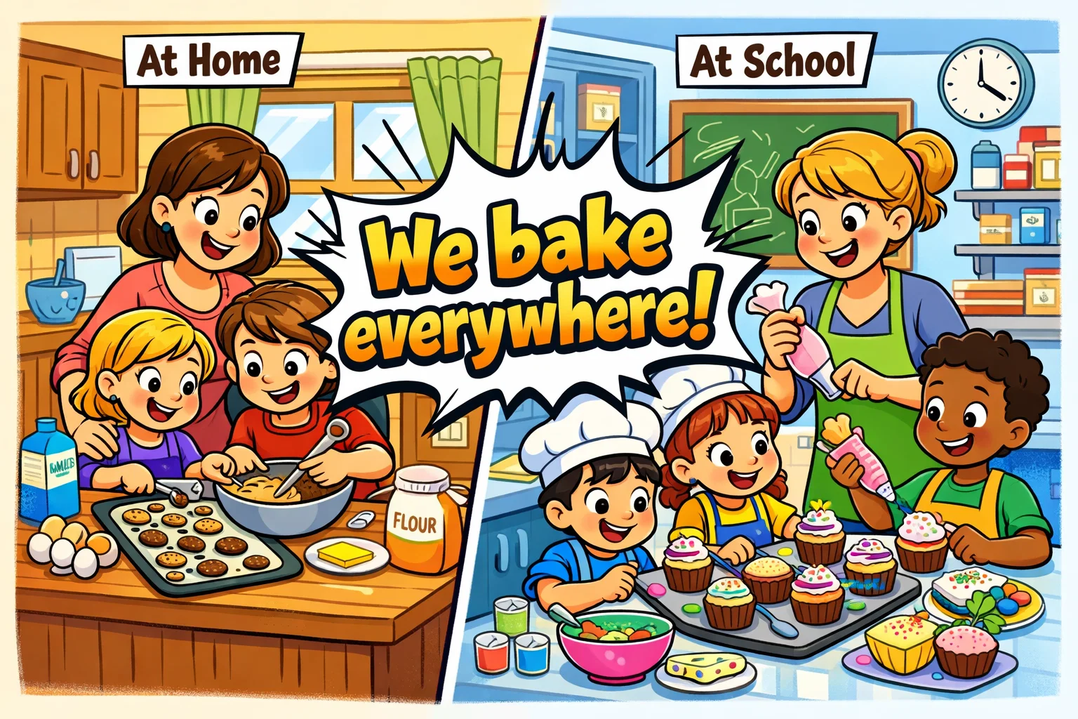 Baking activities at home and school with kids baking in kitchen and classroom.