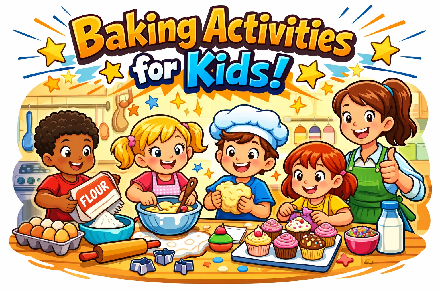 Baking activities for kids in cartoon kitchen with children baking and decorating cupcakes.