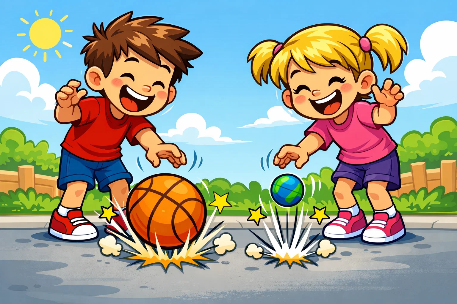 A cartoon of children dropping different balls to watch how power makes them bounce and move.