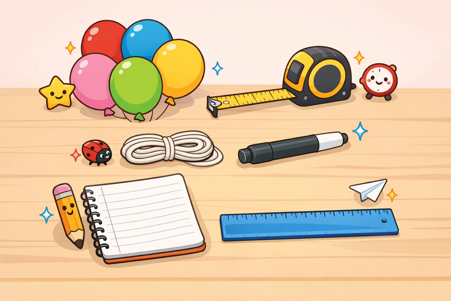 Balloon lung capacity experiment materials including balloons and measuring tools.