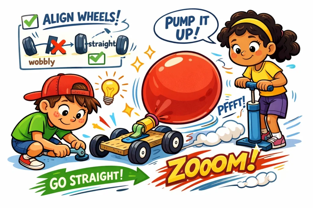 Balloon powered car building tips showing wheel alignment and balloon placement.
