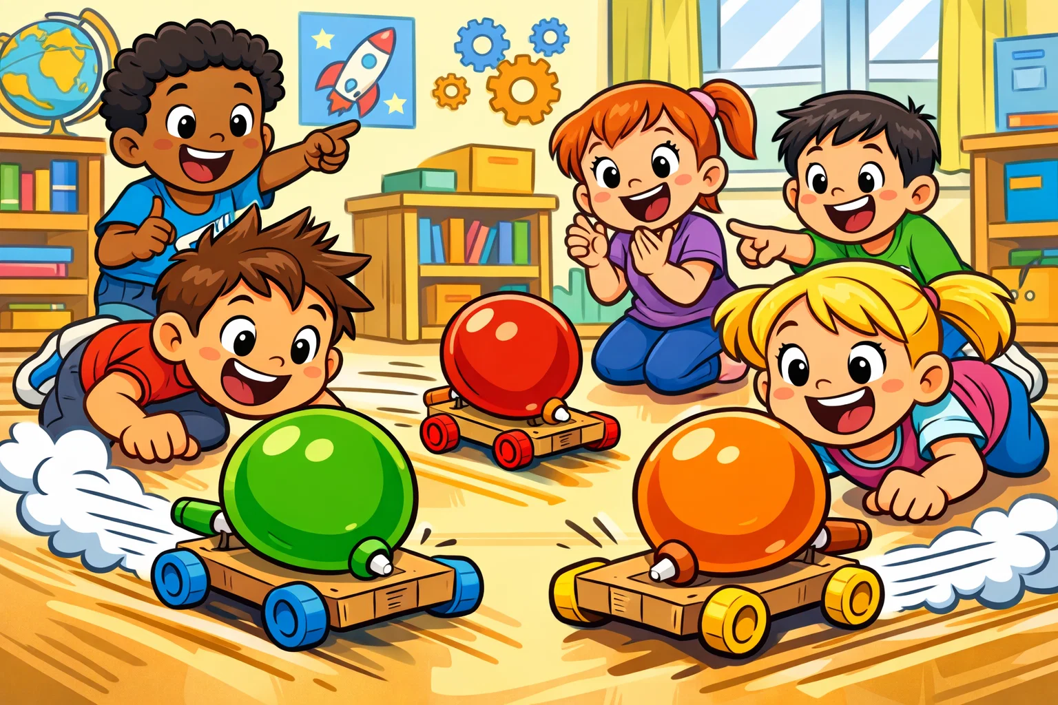 Balloon powered car challenge for kids with homemade cars racing on the floor.