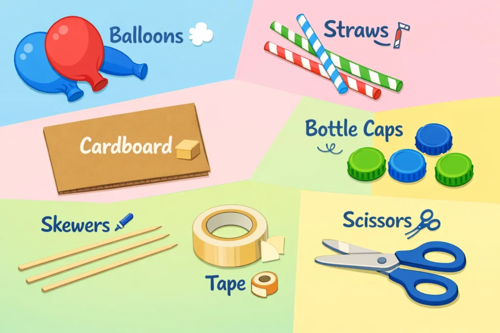 Balloon powered car materials laid out for a simple STEM building activity.
