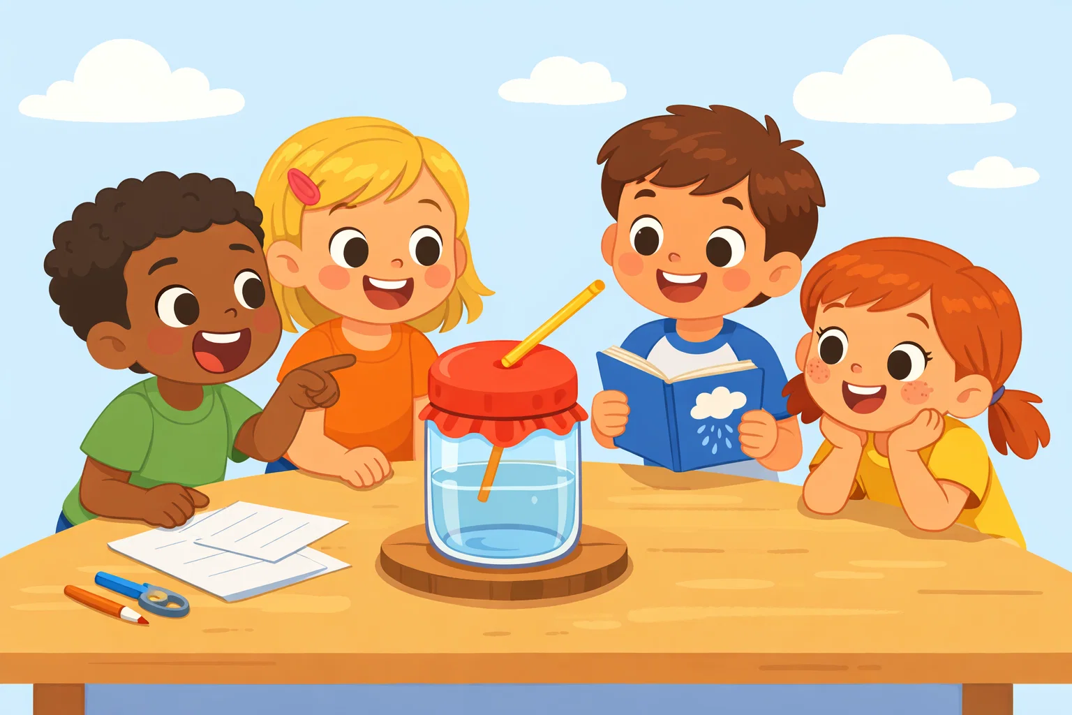 Barometer experiment for kids using balloon and jar to show air pressure changes.