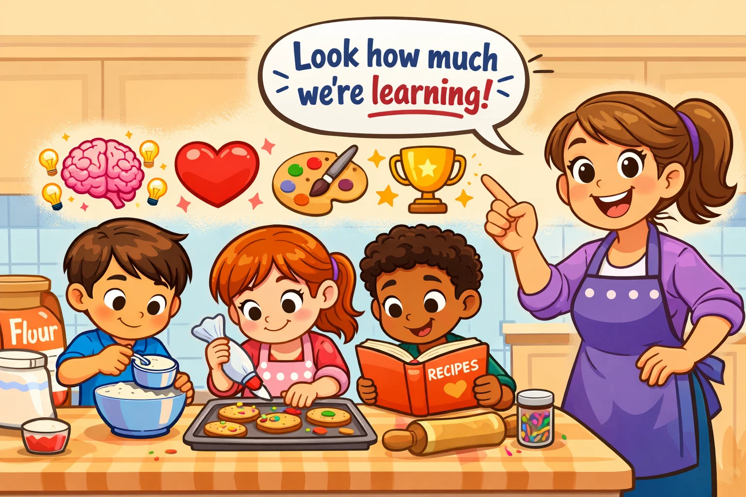 Benefits of baking with kids shown in cartoon kitchen with learning and creativity.
