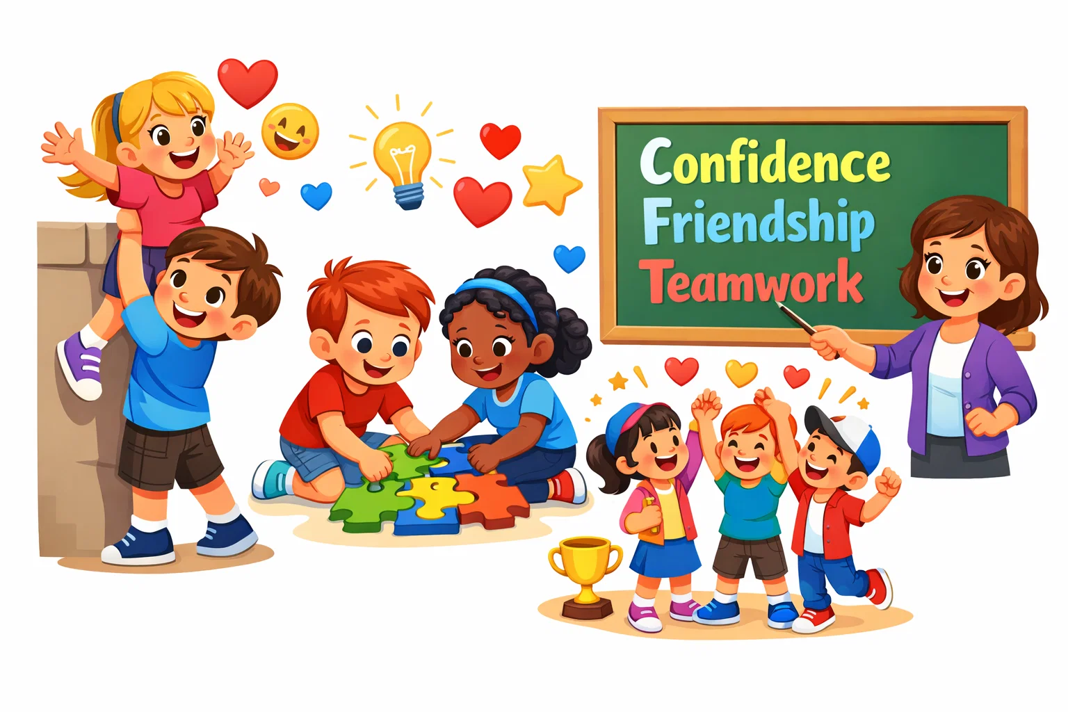 Benefits of group activities for kids building confidence, teamwork and friendship.