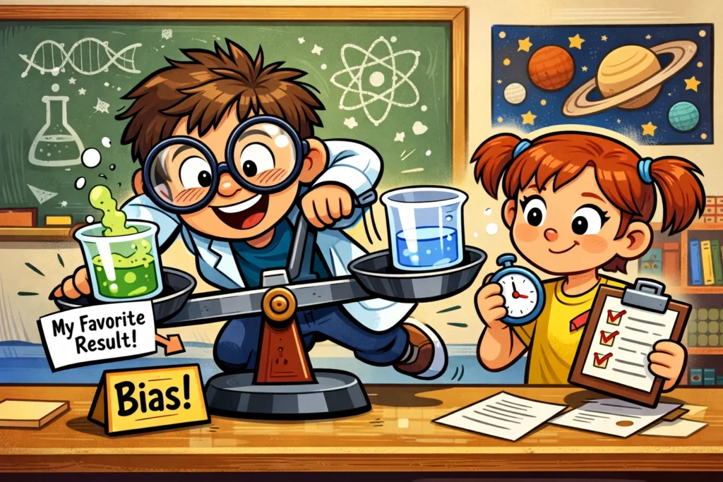 Bias in science experiments shown through unfair testing and proper controls.