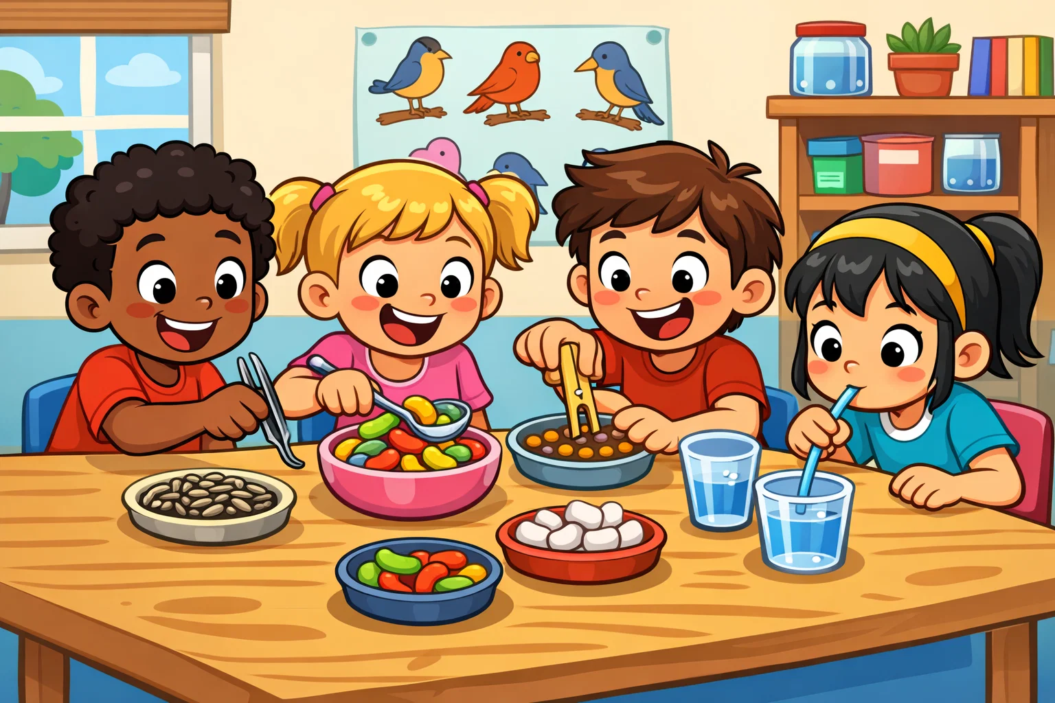 Bird beak adaptation experiment for kids using tools and foods in a fun science activity.