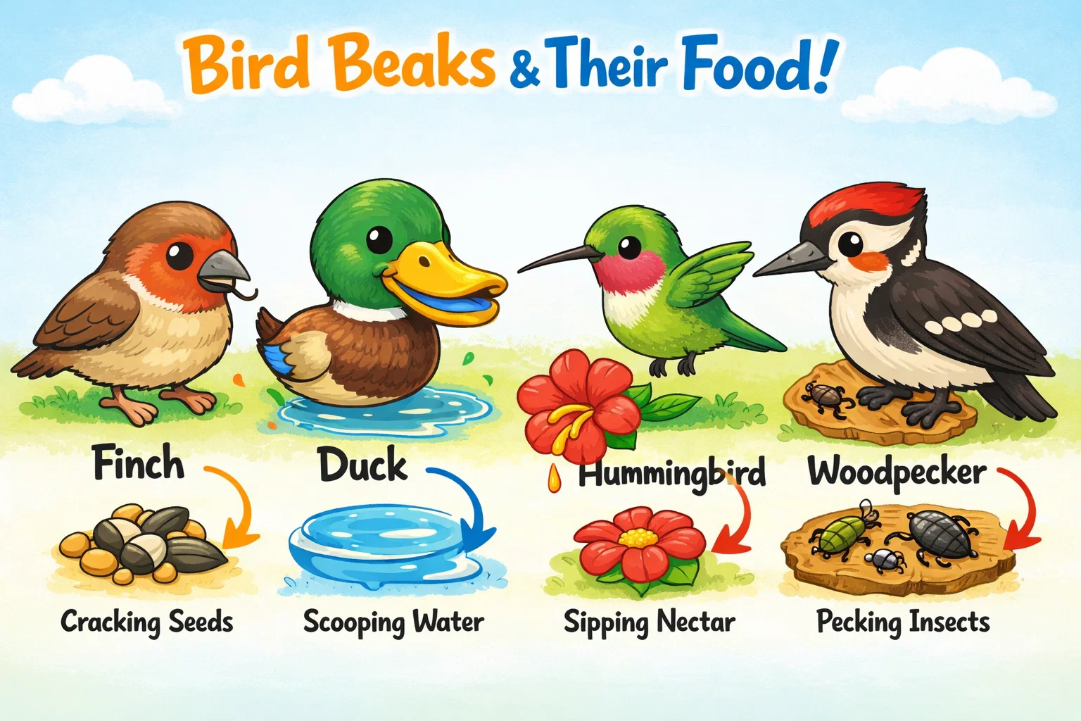 Bird beak shapes matched with food sources to show survival and feeding adaptation.