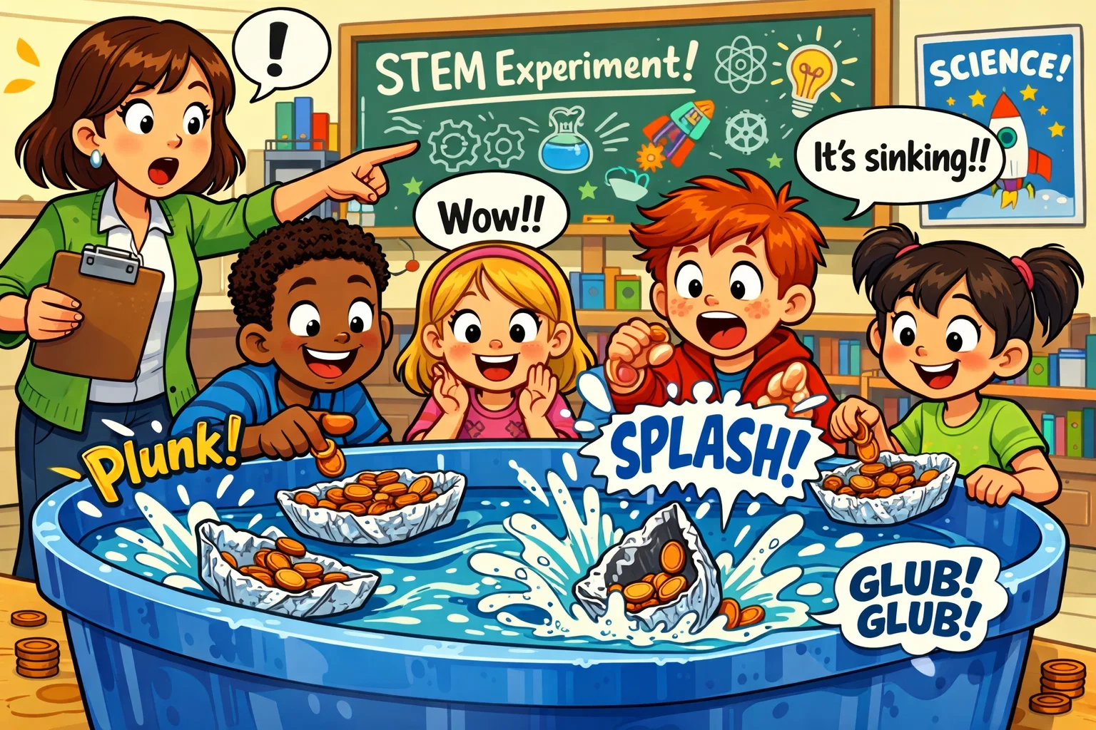 Kids performing boat buoyancy pennies test with foil boats during STEM challenge.