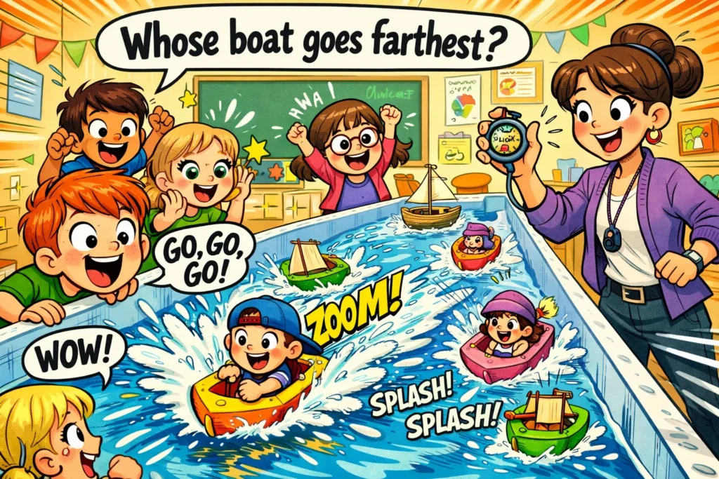 Boat STEM challenge ideas for kids testing rubber band boats.
