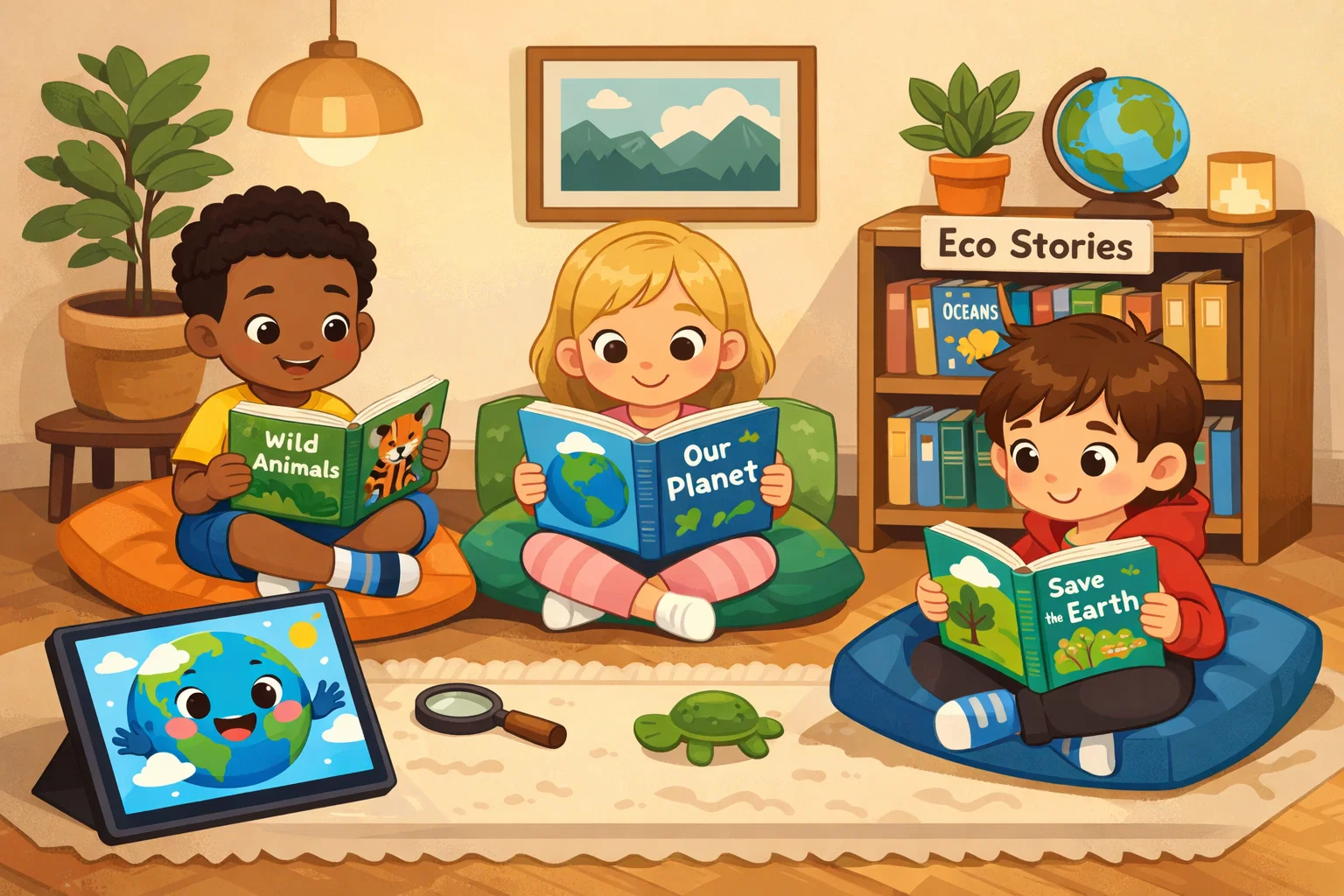 Books and media about sustainability for kids shown through reading and eco learning together.