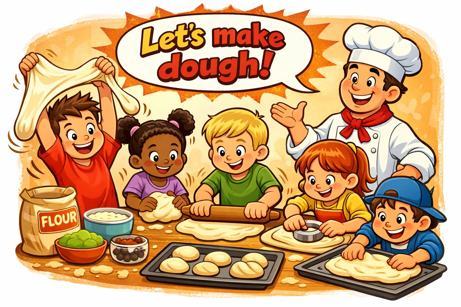 Bread and dough baking activities with kids kneading and shaping dough in cartoon kitchen.