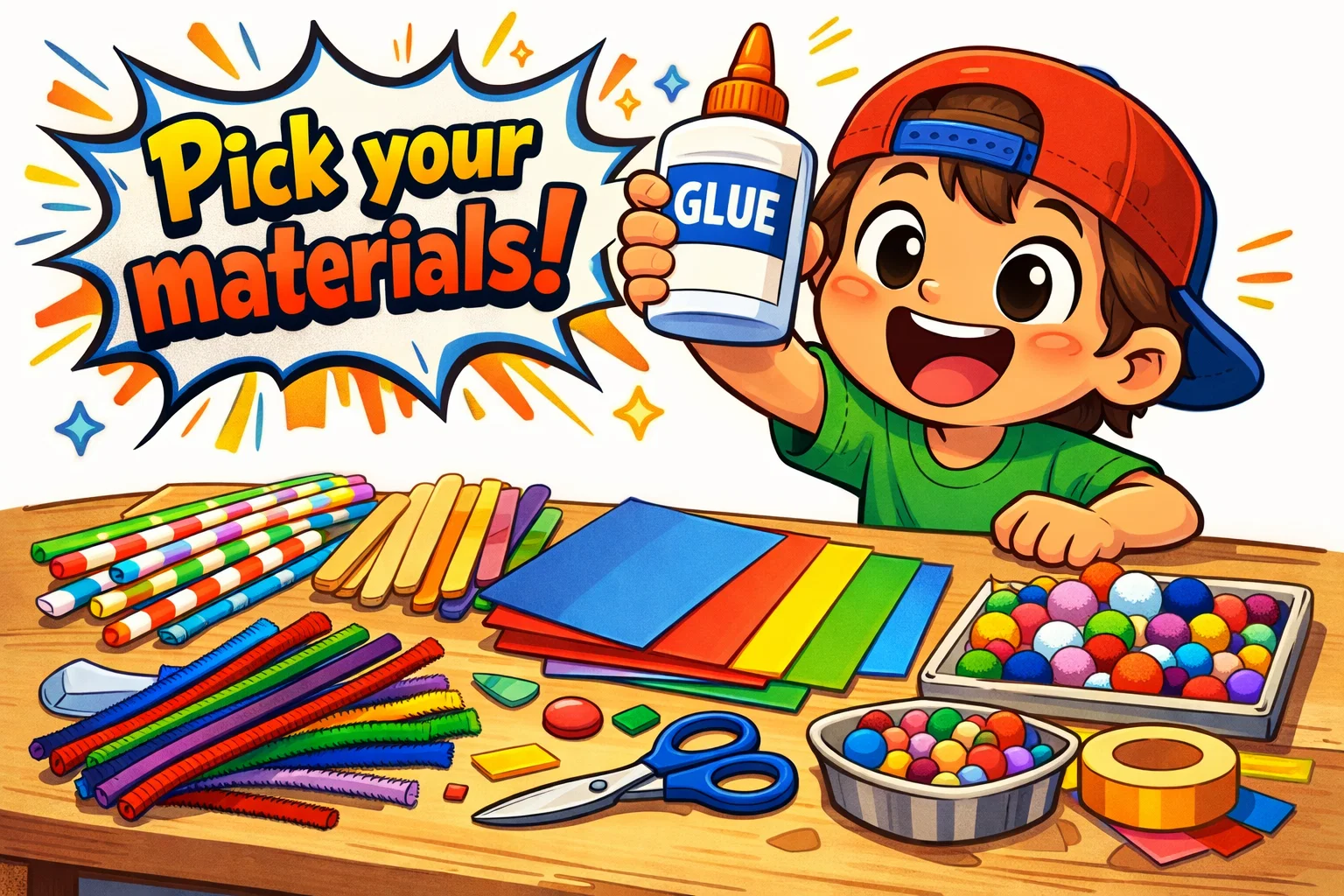 A colorful cartoon display of various materials used for bridge building STEM challenges for kids.