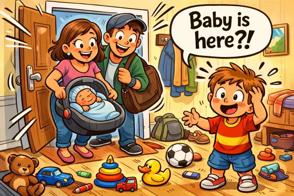 Bringing newborn home first day with toddler meeting baby at home.