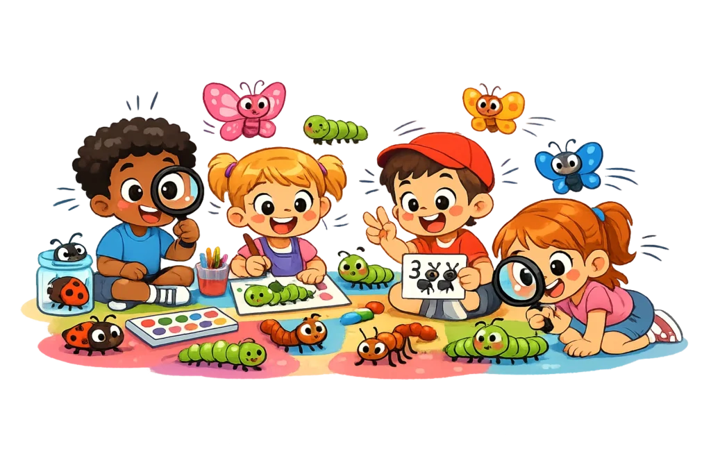 Bug activities for kids with crafts, games, and playful learning in a classroom.