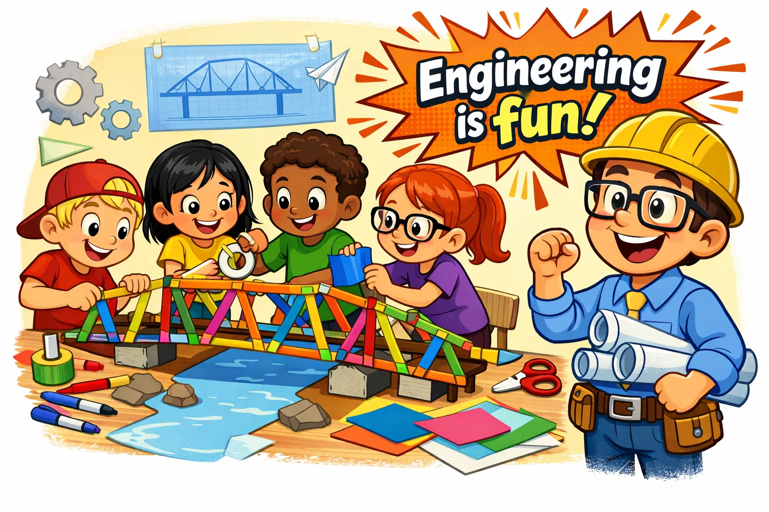 A playful cartoon of children building a popsicle stick bridge for a fun STEM engineering challenge.