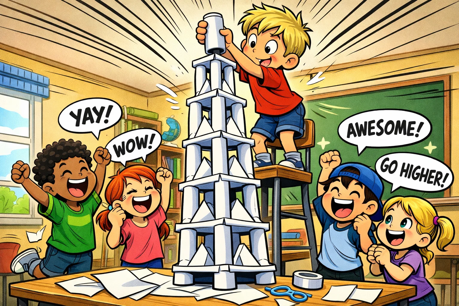 A playful cartoon of children building a stable paper tower in a classroom with happy expressions and action lines.