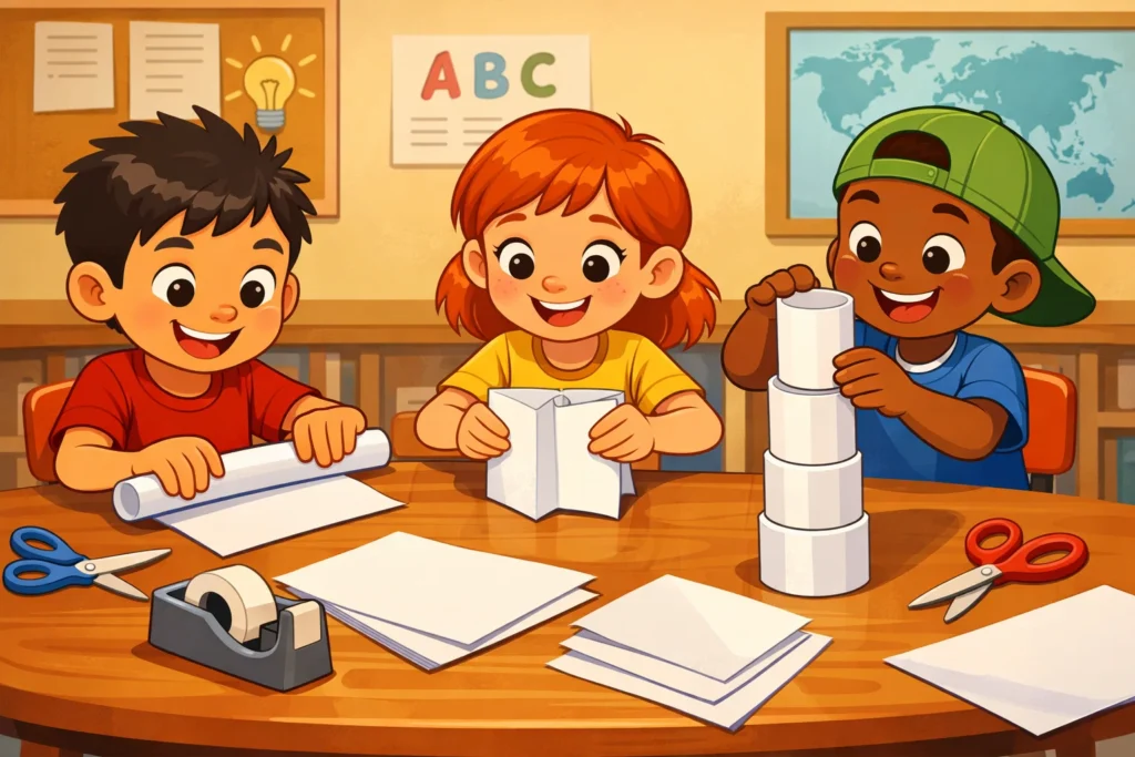 Building paper compression structures for kids during STEM activity.