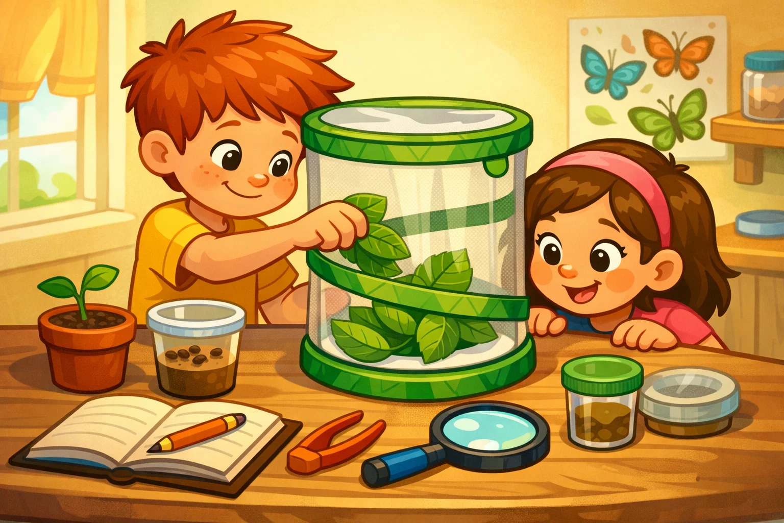 Butterfly habitat experiment setup with kids preparing observation materials.