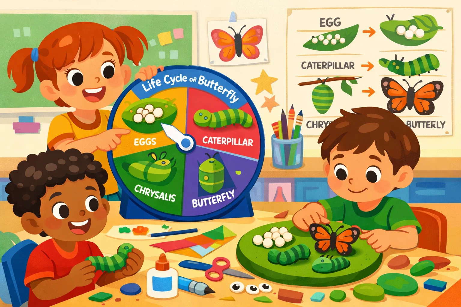 Butterfly life cycle model activities for kids using hands on learning tools.