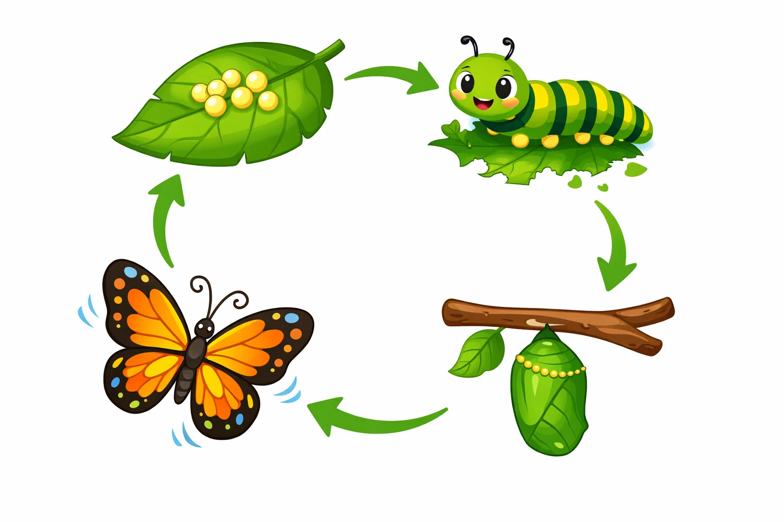 Butterfly life cycle overview showing egg caterpillar chrysalis and butterfly stages.