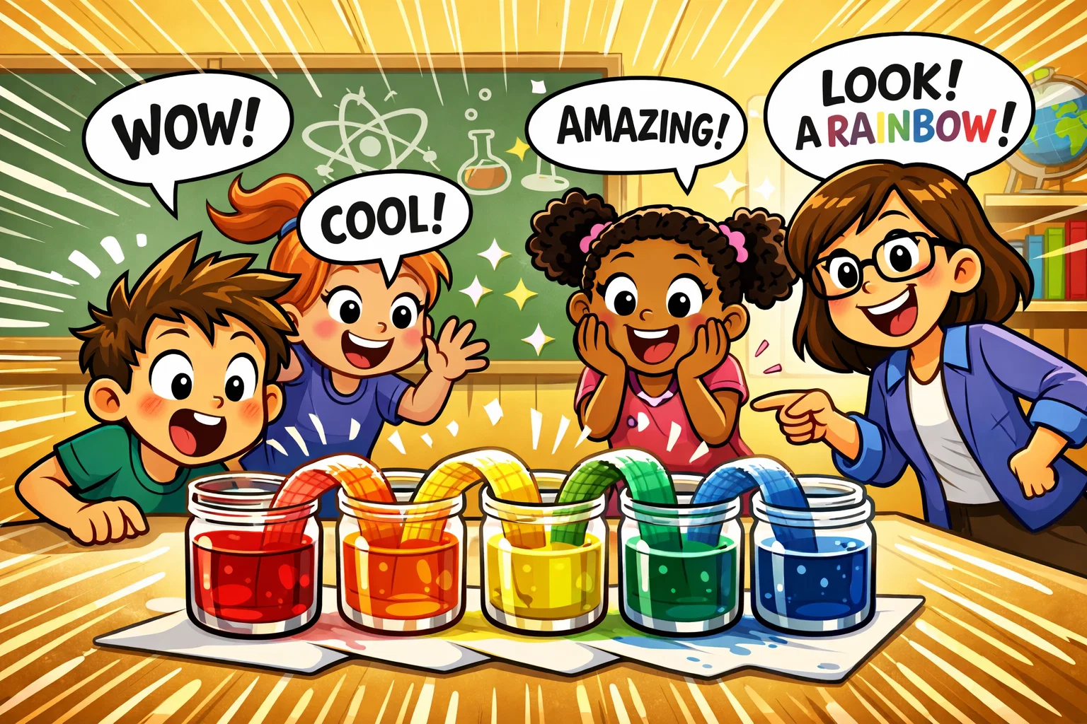 Cartoon children performing a walking water experiment in a classroom with colorful jars and a teacher.