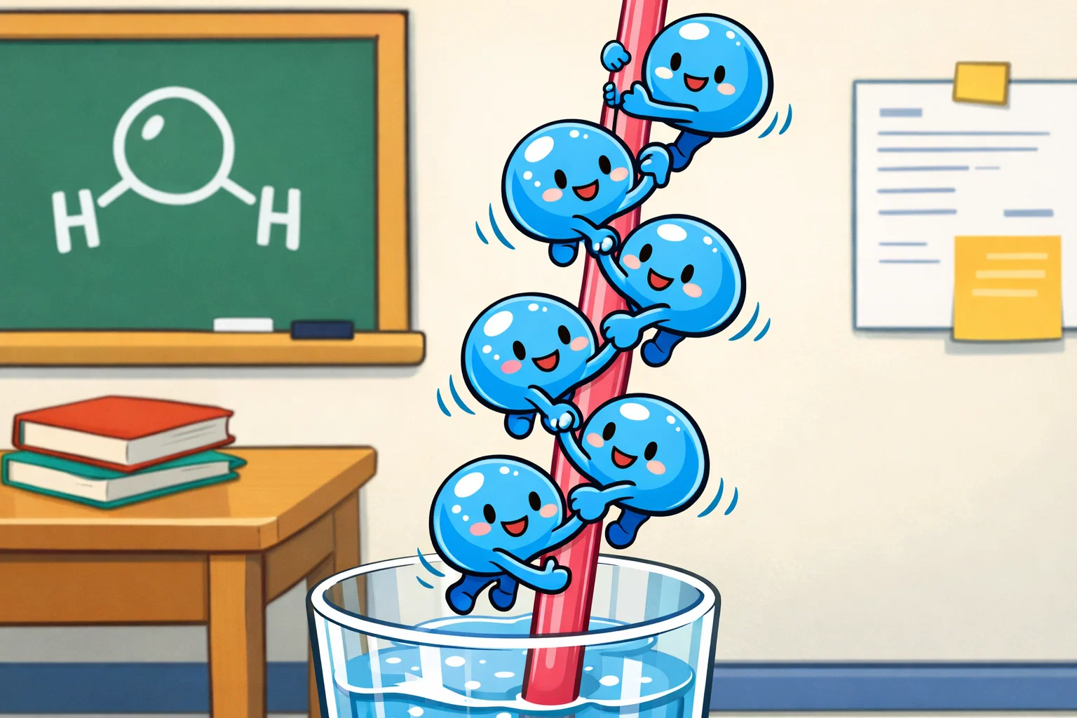 Playful cartoon of water molecules holding hands and climbing up a straw to explain science basics. Playful cartoon of water molecules holding hands and climbing up a straw to explain science basics.