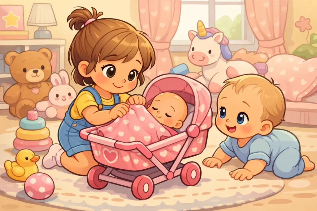 Caregiving play toys for toddlers that encourage bonding with a new baby.