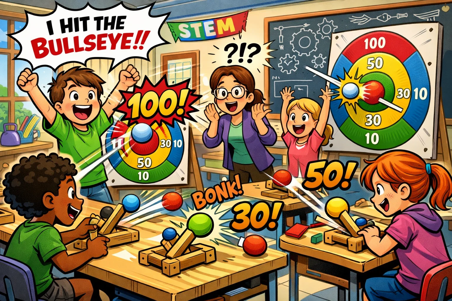 Kids playing catapult accuracy challenge with targets and points in classroom.