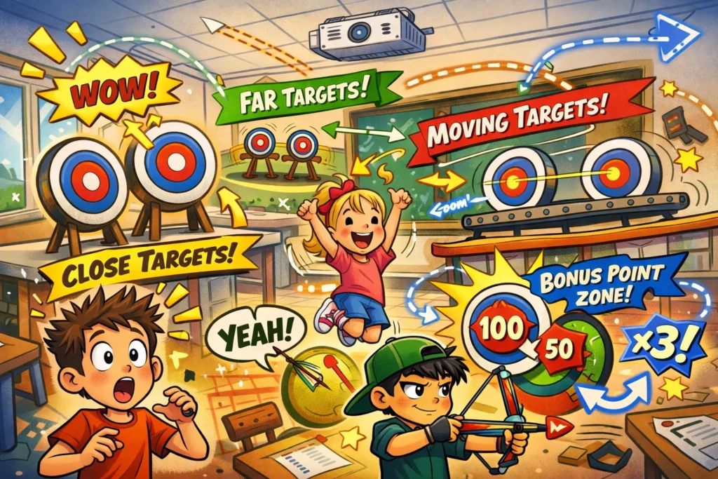 Catapult accuracy challenge variations with targets and scoring zones.