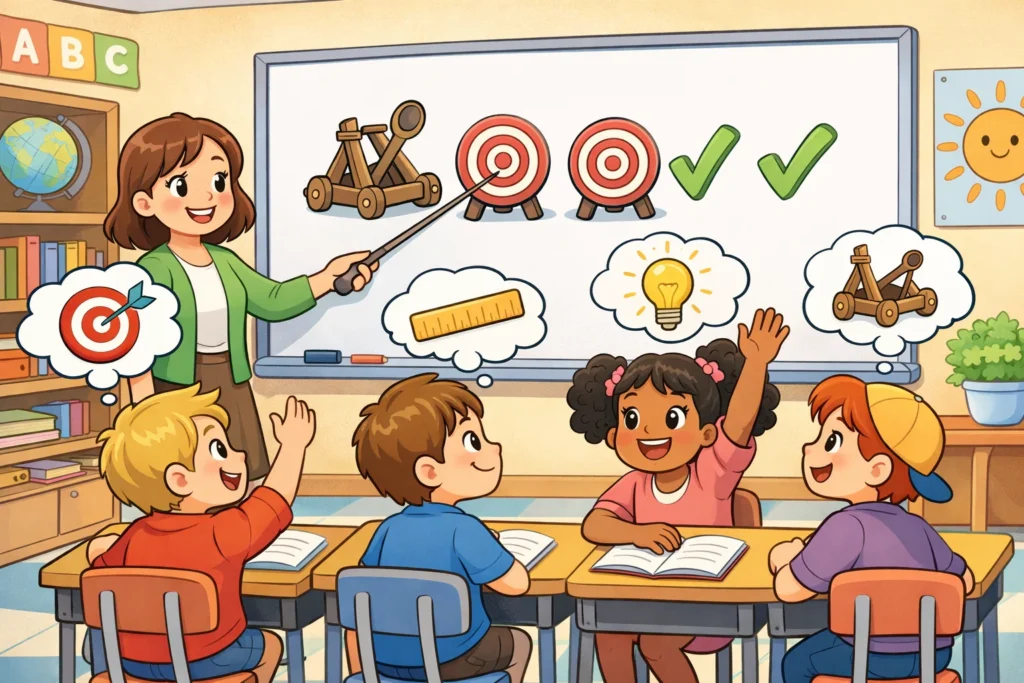 Catapult activity learning goals explained to kids during STEM challenge.