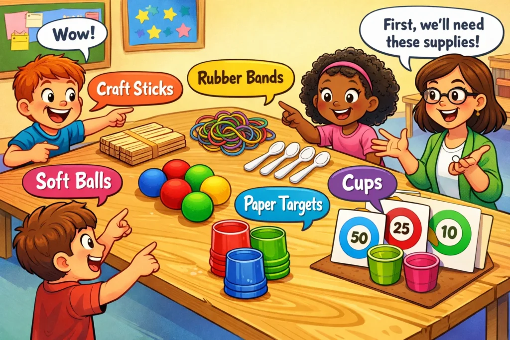 Catapult materials and target setup for kids accuracy challenge.