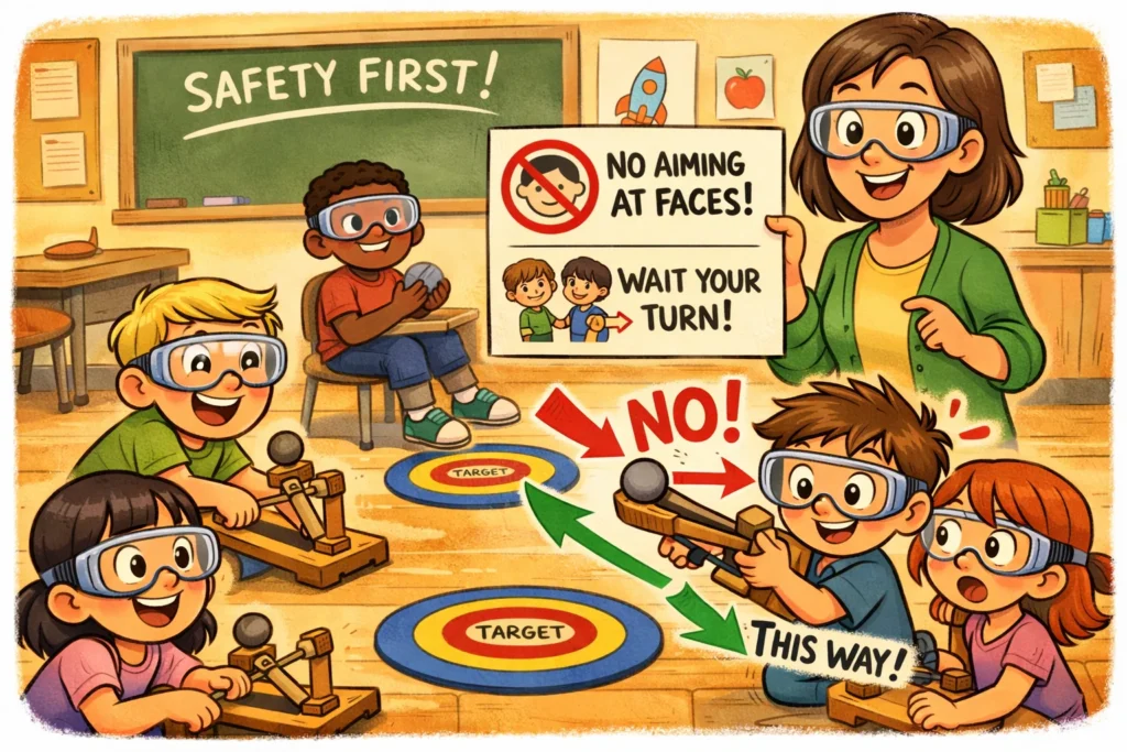 Catapult safety rules for kids during target games.