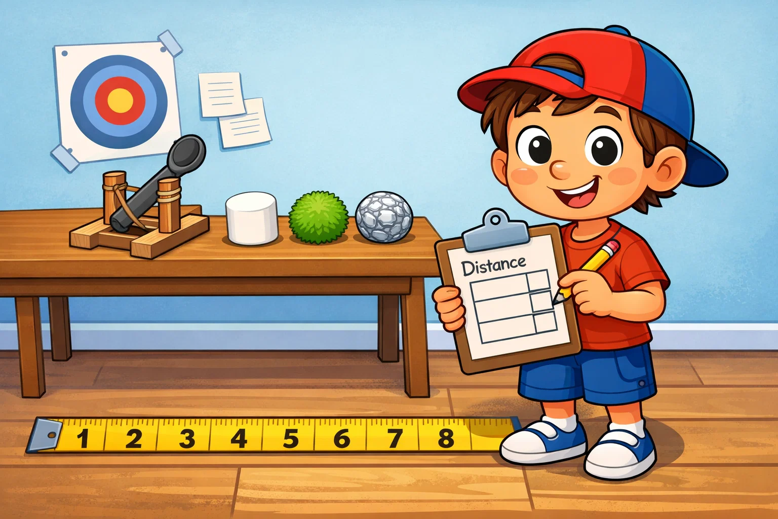 A cartoon of a child testing different projectiles for a catapult science experiment with a measuring tape. A cartoon of a child testing different projectiles for a catapult science experiment with a measuring tape.