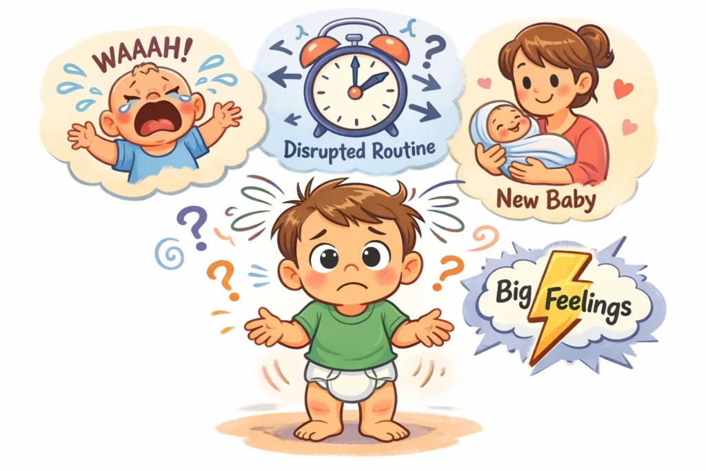 Causes of toddler regression after new baby including attention changes and stress.
