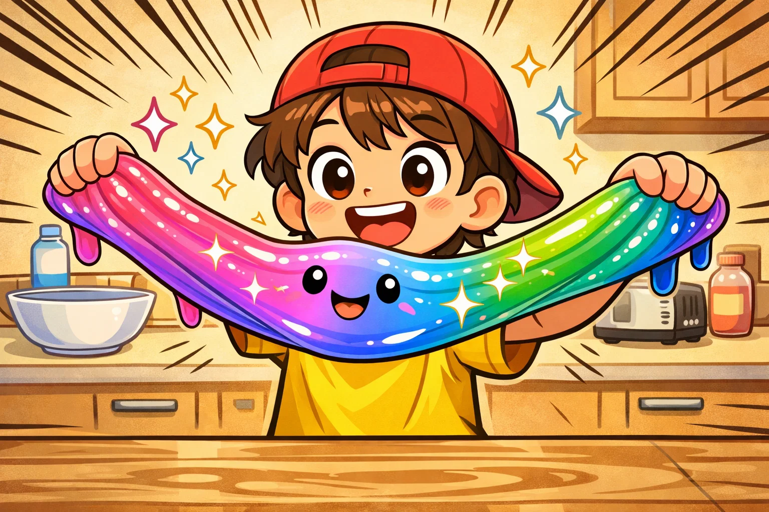 Cartoon child stretching colorful slime with a friendly face and sparkles in a playful comic-style kitchen.