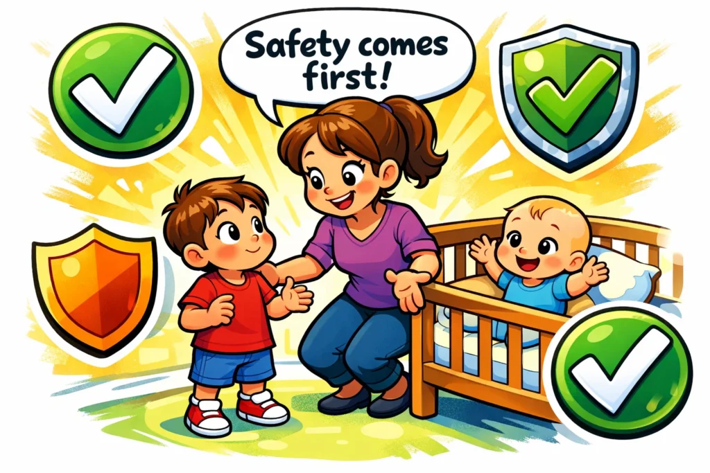 Child safety first when toddler interacts with baby under supervision.