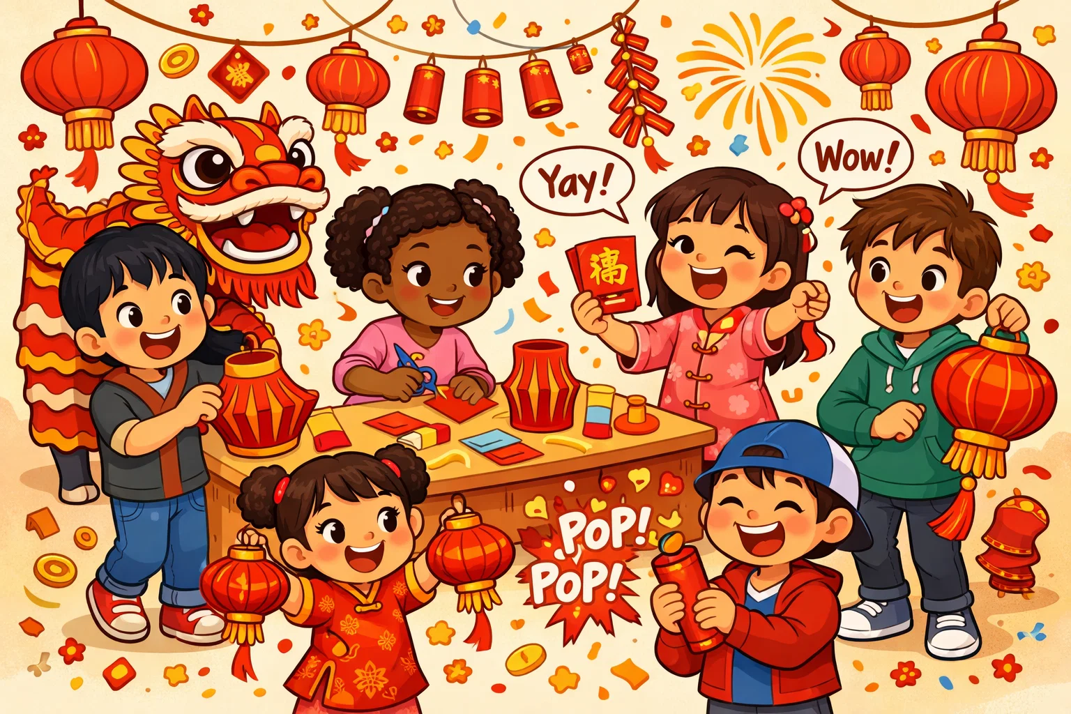 Chinese New Year activities for kids with lanterns, dragons, and festive crafts.