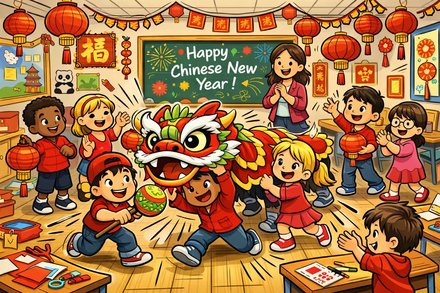 Chinese New Year classroom group activities with kids celebrating together.