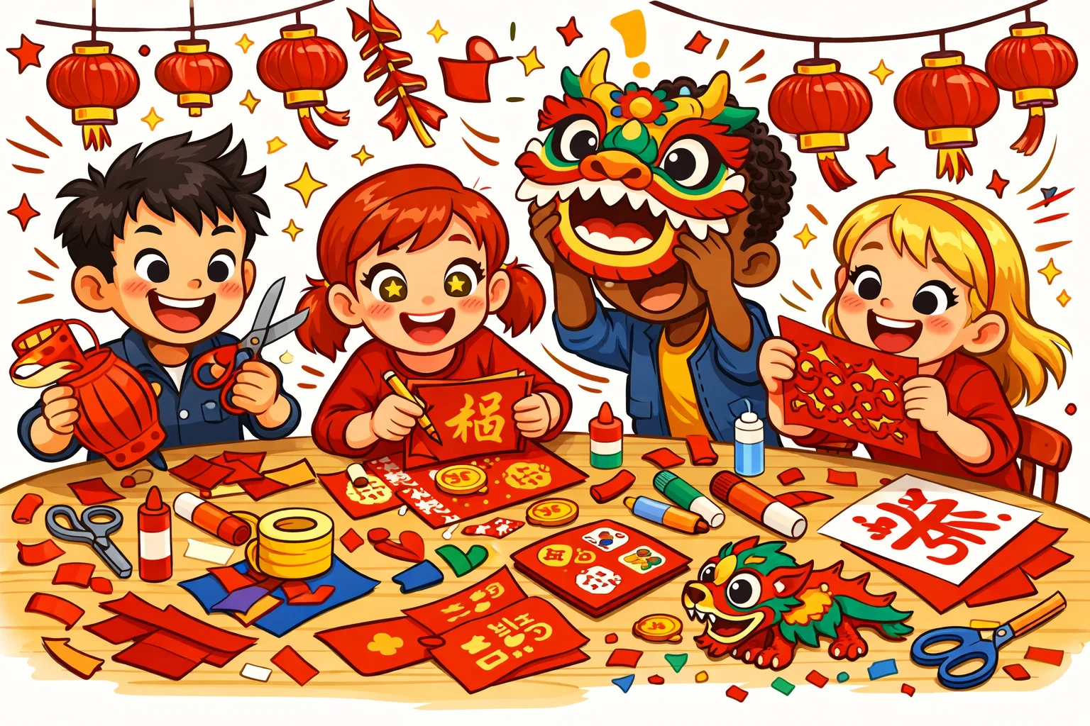 Chinese New Year crafts for kids creating lanterns red envelopes and dragon masks.
