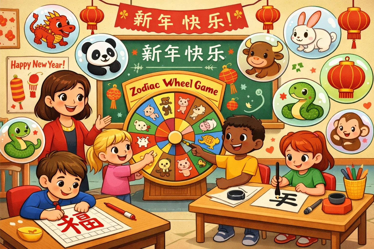 Chinese New Year learning activities for kids with zodiac games and calligraphy.
